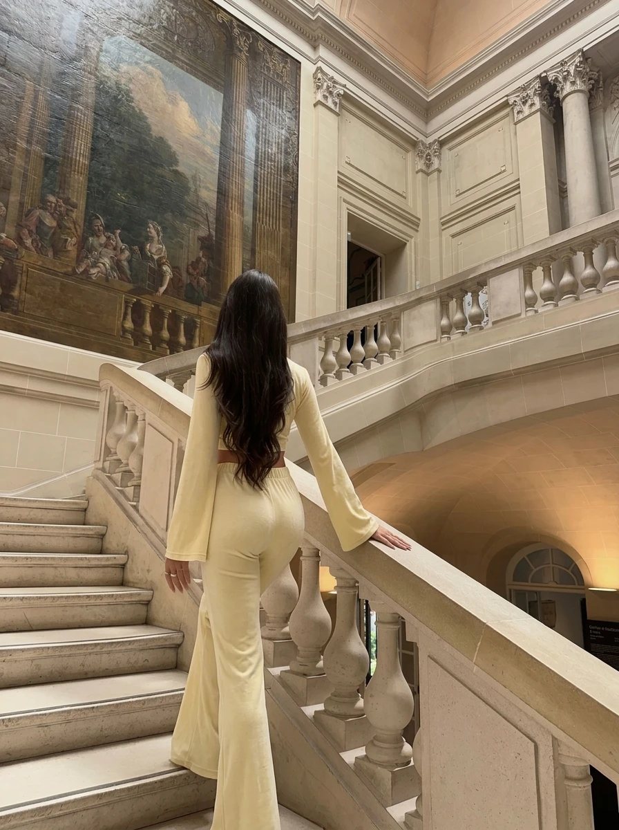 Kathyrn — de espalda, en la escalera del museo